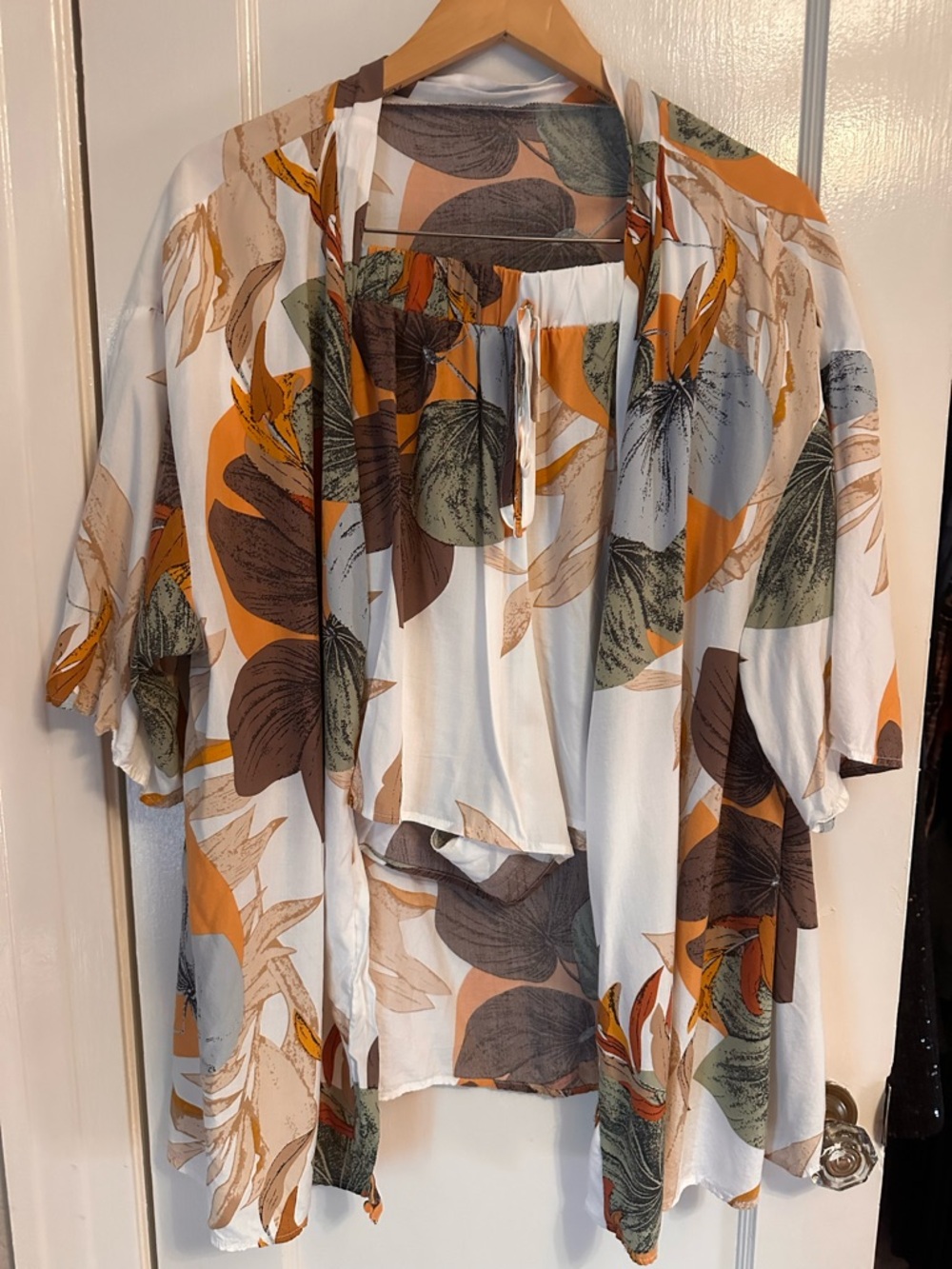 SHEIN White Tunic Top with Mustard, Olive & Brown Floral Print